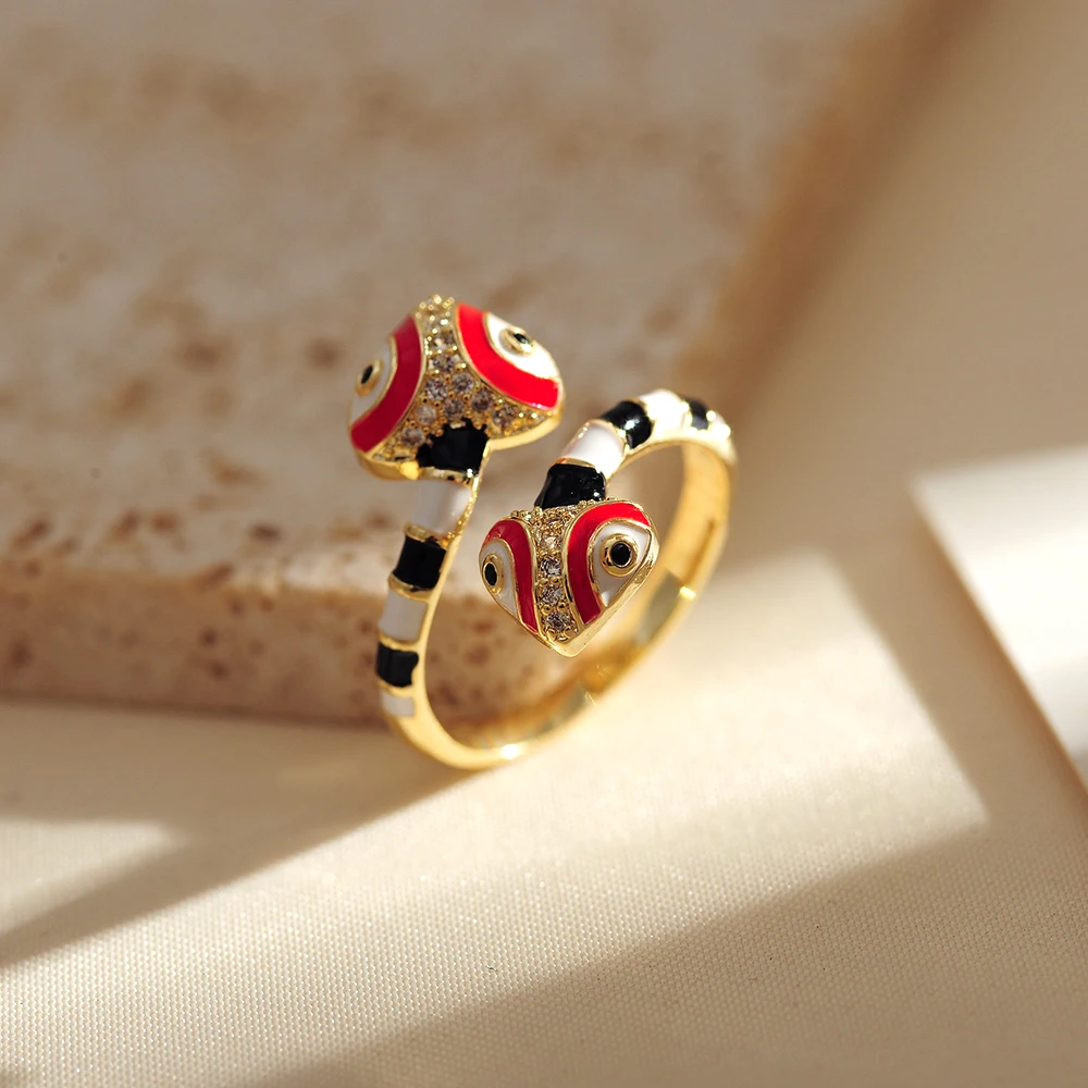 BenS Double Snake Head opening rings for women Enamel Dripping oil Heart snake girls rings Fashion Jewelry wholesale R08