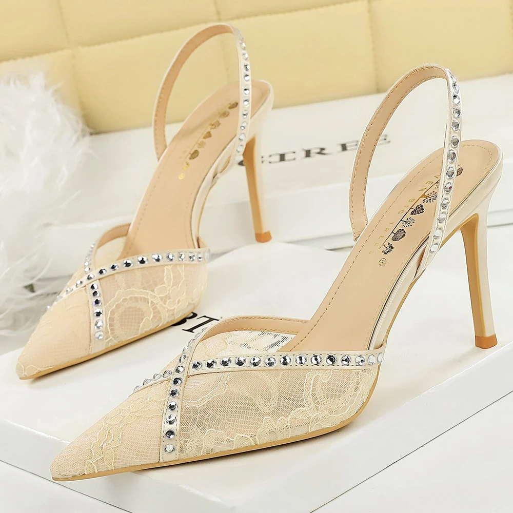 Sexy High-heeled Sandals Women Shoes Rhinestone Design High Heels Women Pumps Lace Mesh Stiletto Heels 9 cm Summer Sandals Lady