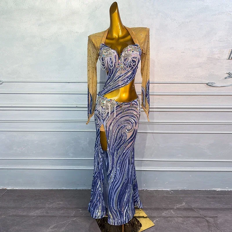 Femmes luxe strass Senior paillettes danse orientale adulte compétition vêtements danse du ventre Performance Costumes tenue