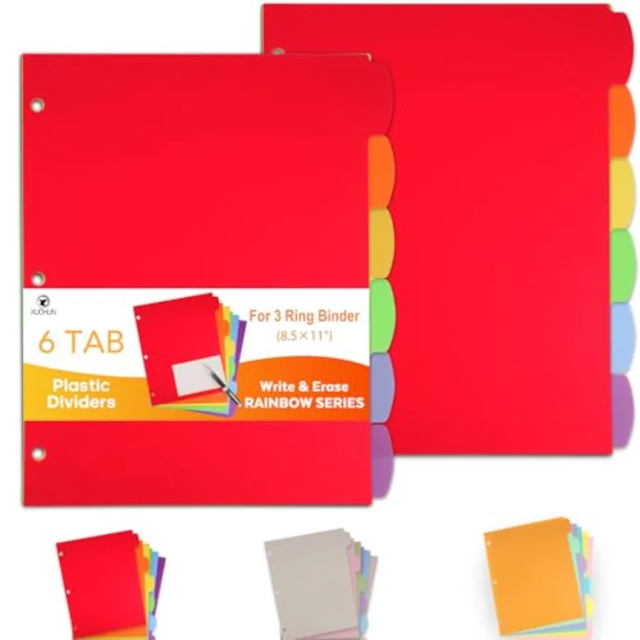 

Binder Dividers with Tabs, 6 TAB Plastic File Dividers for 3 Ring Binder, Write and Erase Big Tab, Subject Dividers for Noteboo