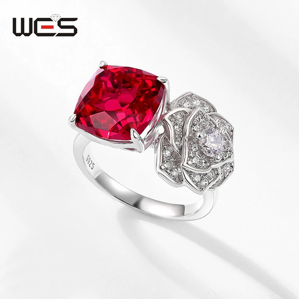 Anillos de plata de ley 925 WES para mujer, rubí rojo creado en laboratorio, 10x10mm, compromiso de boda, regalo de San Valentín, joyería fina certificada