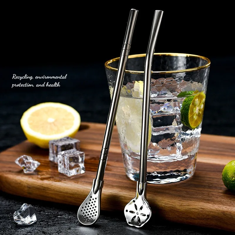 1PC Tea Cup Coffee Stir Spoon Stainless Steel Straw Filter Milk  Colored Metal Removable Cleaning