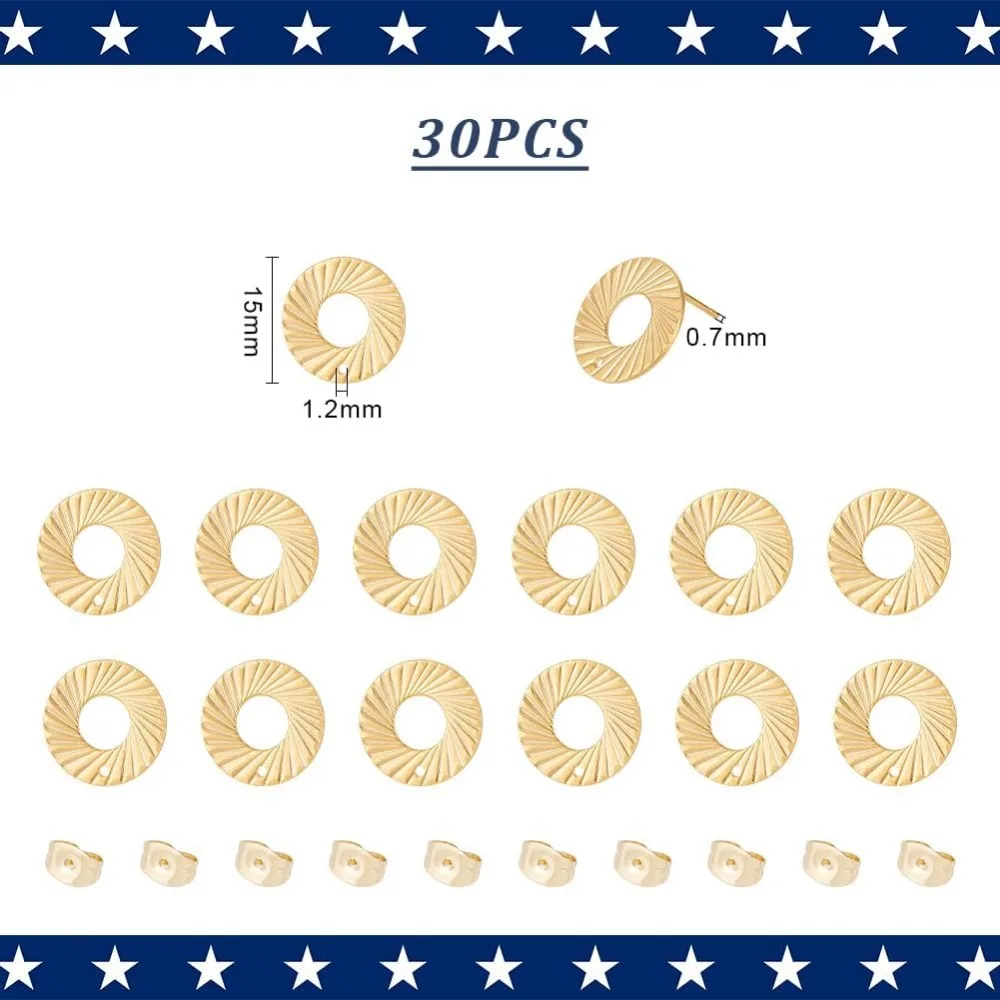 30 Pcs 스테인레스 스틸 스터드 귀걸이 결과 구멍과 귀걸이 백업이있는 도넛 스터드 귀걸이 황금 저자 극성 만들기 키트