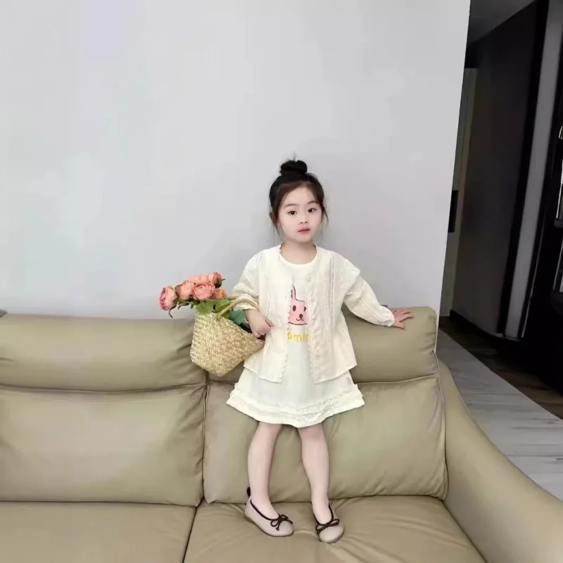 

Spring Summer New Off-White Lace Trim Strap Dress Hollow Out Thin Jacket for Baby Girls, Cotton StylishtSkirt Suit