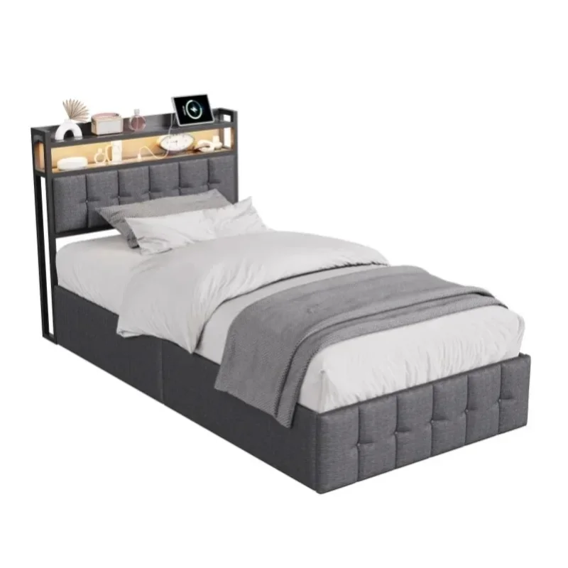 Einzelbett 90x200 cm, gepolstertes Kinderbett, Bett mit Stauraum, Jugendbett, hautfreundliches Leinen, Holzleisten.