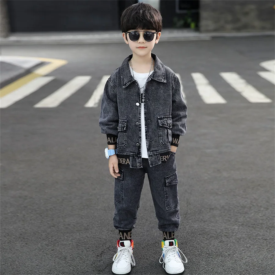 Cool Jean Spring Autumn Baby Boys Boys Set Kids Coat +Pants Outfits Teenage Casual Tops Children Clothing Suit High Quality