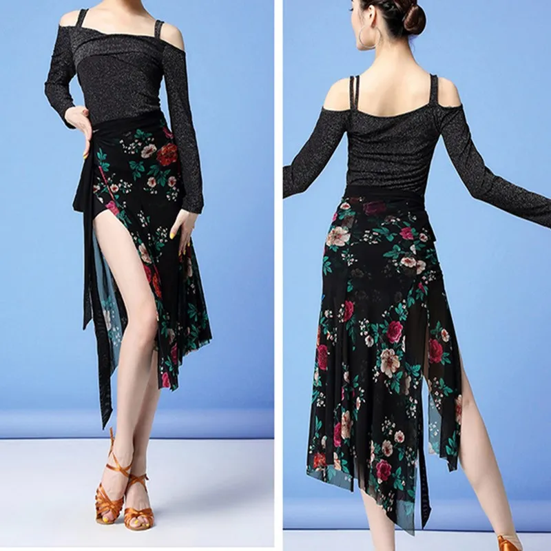 ห้องบอลรูมเต้นรําละตินกระโปรง Tango Slasa Wrap เข็มขัด Dancer Practice Performance ผ้าพันคอสะโพกพิมพ์ลายดอกไม้สีสันสดใสกระโปรงตาข่ายเซ็กซี่