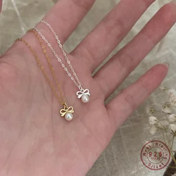Korean 925 Sterling Silver Bow Simulated Pearl Pendant Necklace for Women Exquisite Cute Party Jewelry