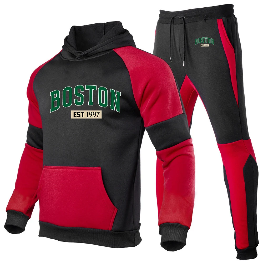 2026 Spring Autumn Boston letter Print Men's New Splicing Hoodies Sweatshirts +  Sweatpants Sports Running Two Pieces Suit