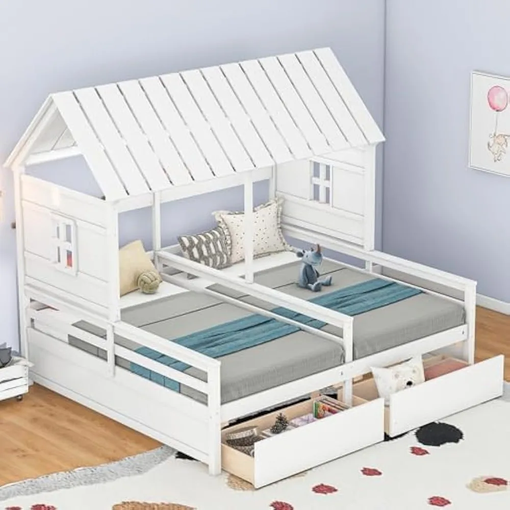 Twin Size House Platform Beds with Two Drawers for Boy and Girl Shared Beds, Combination of 2 Side by Side Twin Size Beds