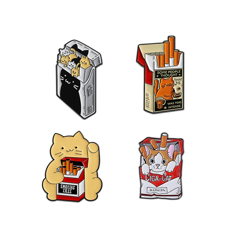 

Cartoon Cat Cigarette Box Enamel Pins Warning Smoking Kills Slogan Brooches Clothes Lapel Badges Funny Jewelry Gift for Friends