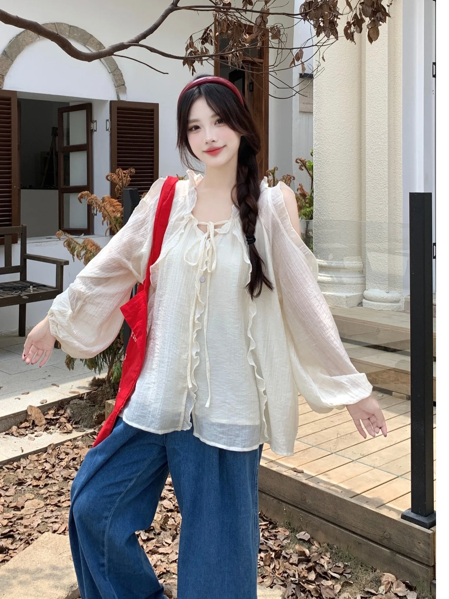 

plus Size Women's Gentle Sle oulder Bared irt with Wood ain Ruffle Splice Belt Design Autumn New Faion Top