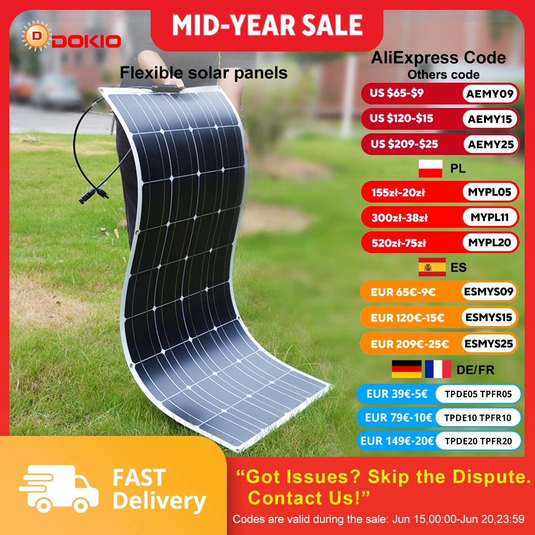 DOKIO Panel Solar Flexible de 18V 100W, Panel Solar Monocristalino Impermeable para Camping, RV, Carga Doméstica de 12V DFSP-100M