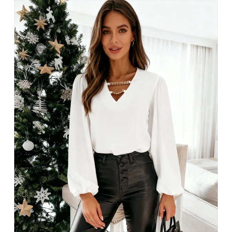 

Fashion V-neck Casual Thin Solid Color Loose Fit Elegant Women's Blouse Spring and Autumn New Chain Pullover Office Lady Shirt