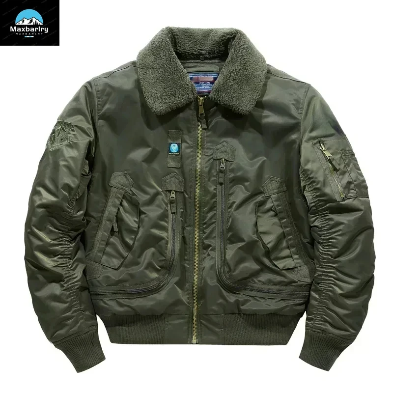 Winter Warm Jacket Mens Functionl Unloading Jacket Large Pocket Pilot MA-1 Green Bomber Jacket Fur Collar Thickened Hunting Coat