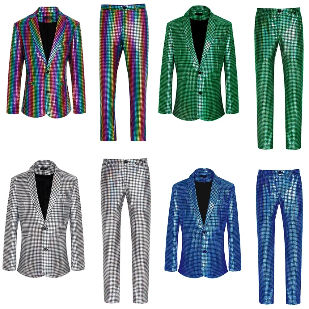 Mens Stage Prom Suits Shiny Plaid Sequin Jacket Pants Men Dance Festival Christmas Halloween Party Cosplay Costume Homme