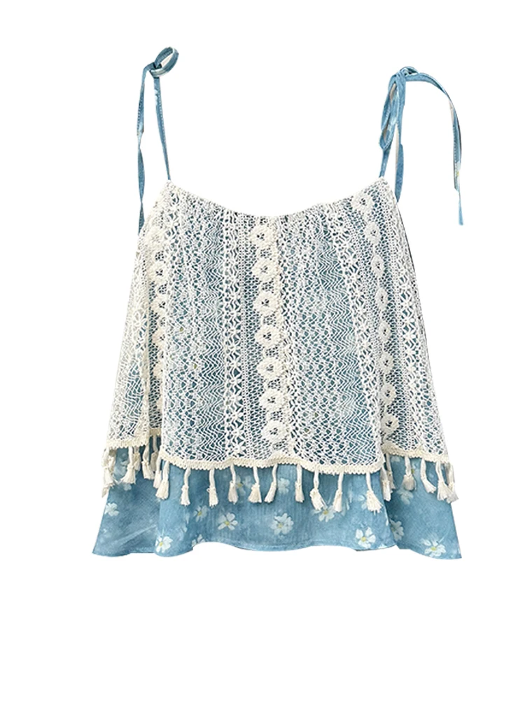 Patchwork Lace-up Floral Camisole For Women Summer New Casual Hollow Tassel Vest Versatile Commuting Beach Vacation Female Tops