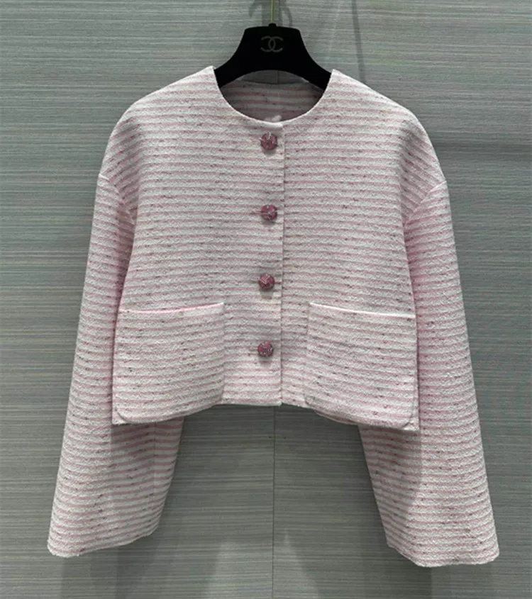 Europe and the United States women's 2024 winter new Round neck Long sleeve single breasted pink stripe fashion The tweed jacket