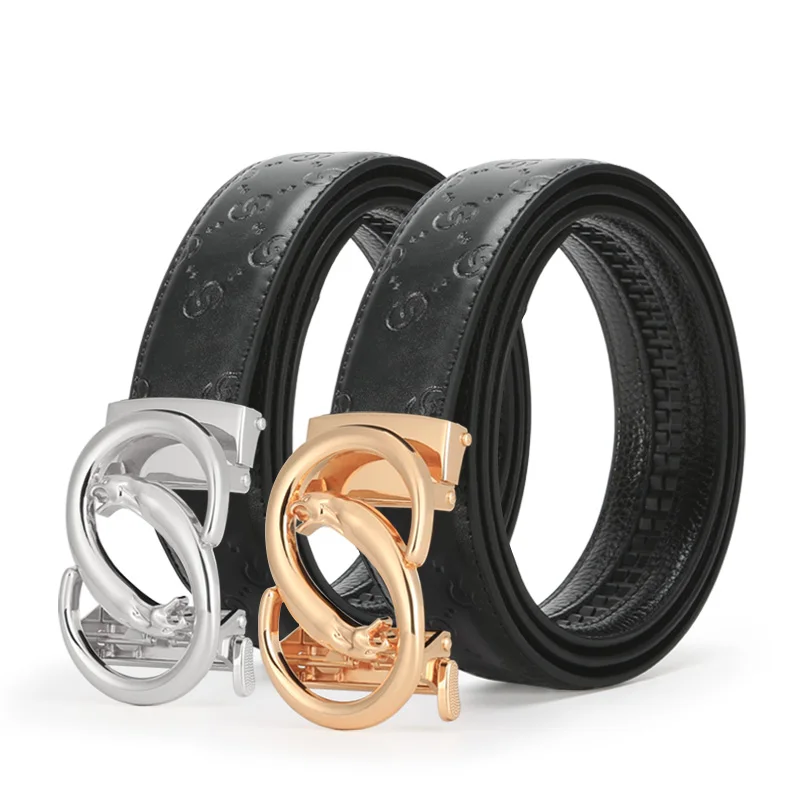 1pc men's multi-color business casual adjustable leather belt with a snake-shaped metal automatic buckle and embossed lettering