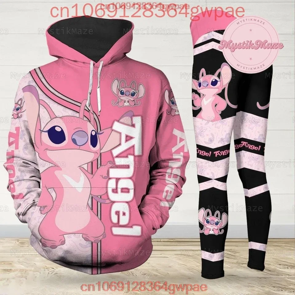 Custom Name Disney Angel Hoodie and Leggings Women's Set Sports Suit Disney Stitch Hoodie Yoga Pants Set Fashion Tracksuit Set