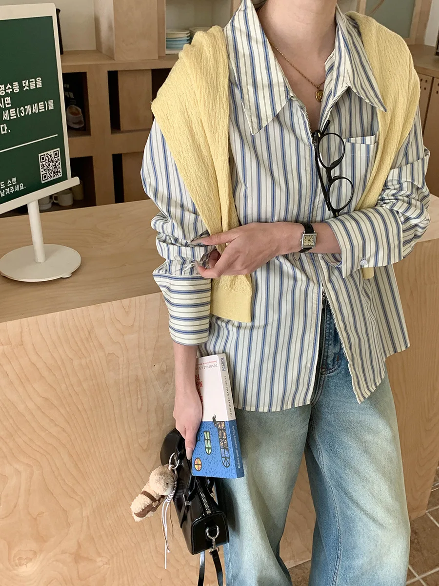 

Spring Sea Salt Ice Lemon Tea Striped Color-block Double Zipper Shirt