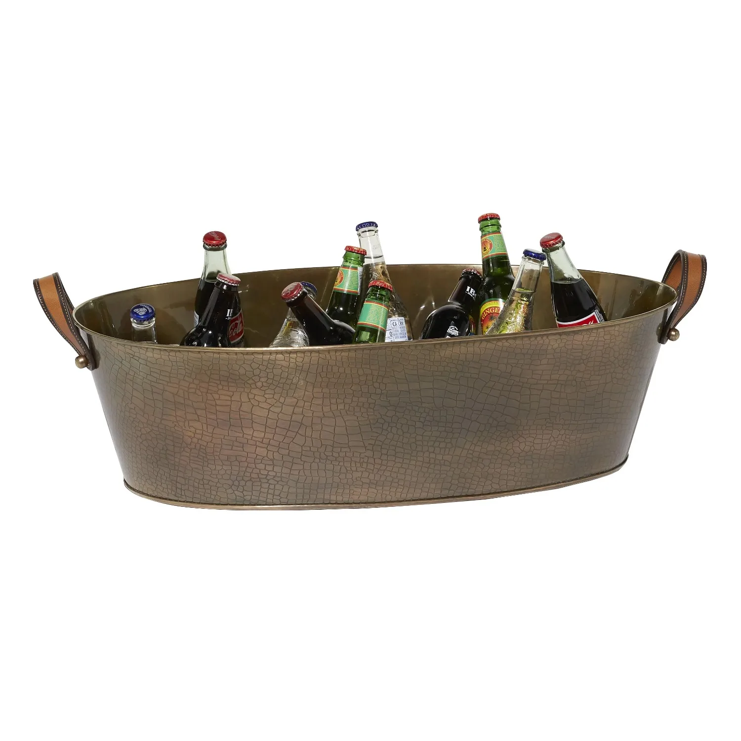 

Oval Metal Long Bronze Ice Bucket with Leather Strap Handle