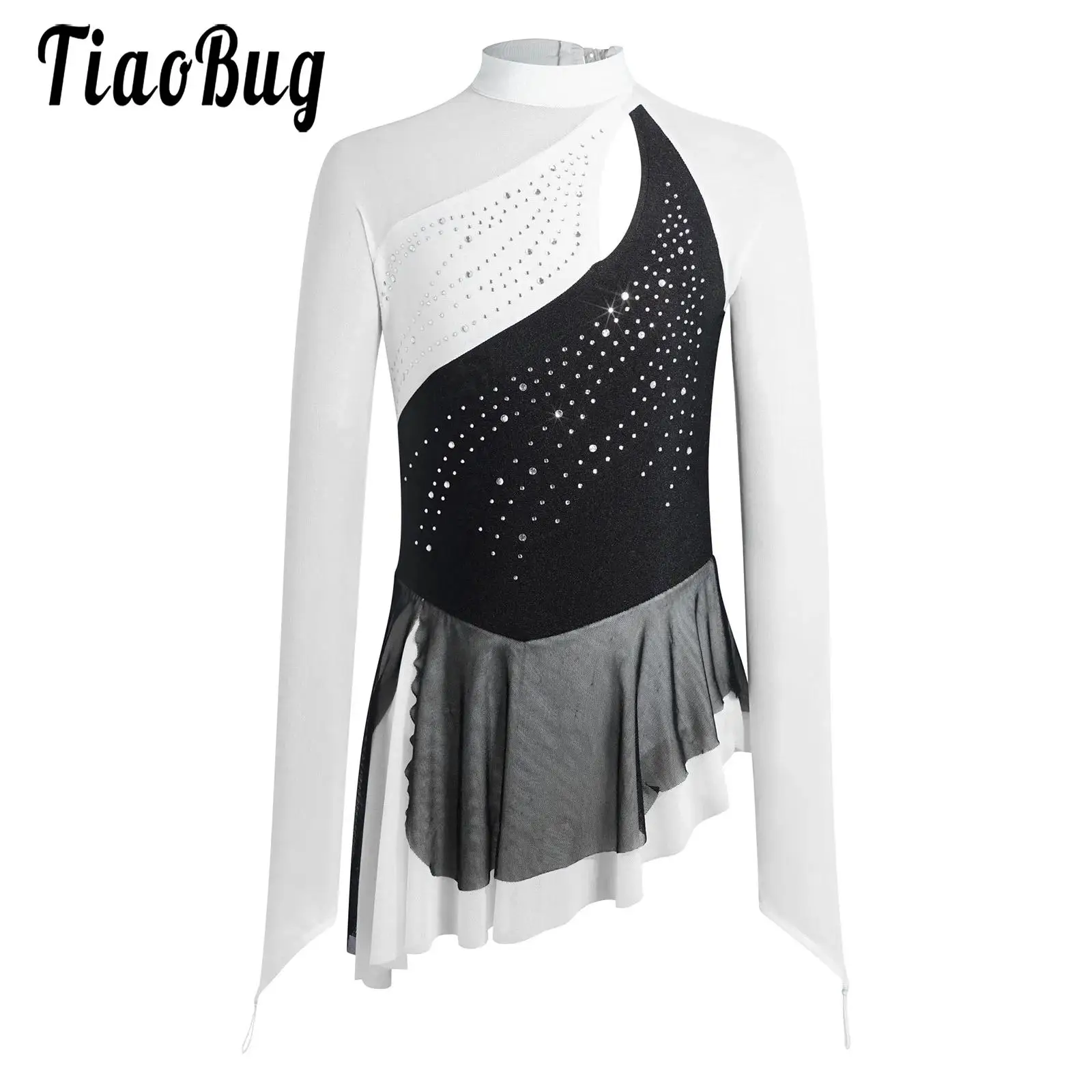 

Kids Girls Figure Skating Lyrical Contemporary Performance Costume Mesh Long Sleeve Rhinestones Dance Dress with Built-in Briefs