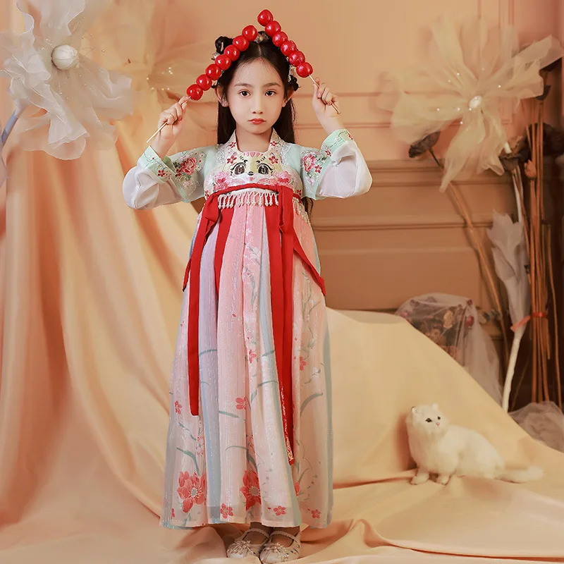 Kids Chiffon Spring Summer Ancient Hanfu Girls Long Sleeve Embroidery Tang Suit Children Chinese Lovely Perform Costumes