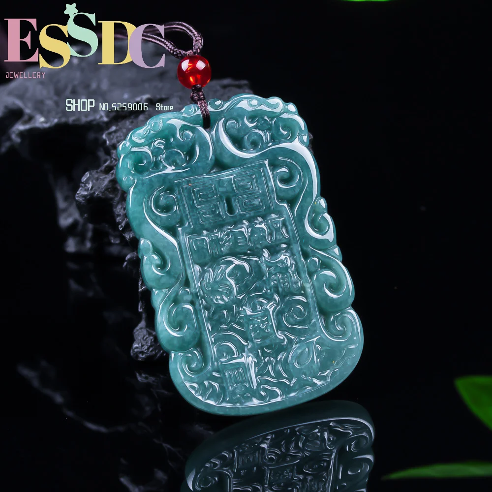 Natural Grade A Jadeite Ice Translucent Antique Peace Plaque Pendant Unisex Men Women Gemstone Necklace Jewelry Gift