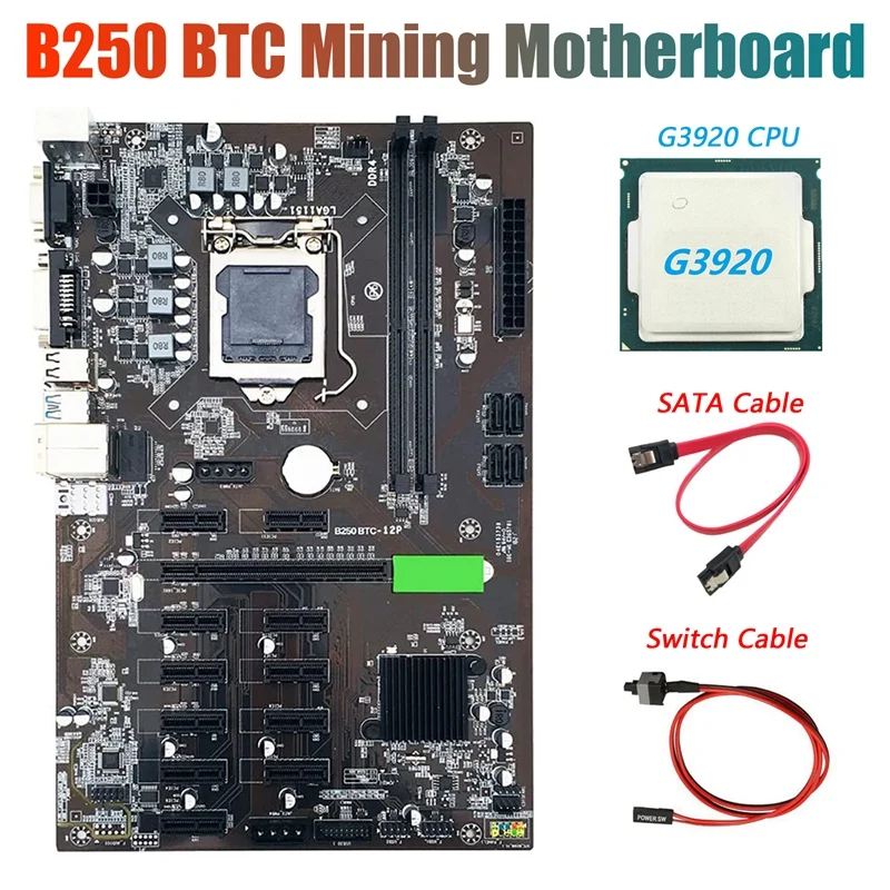 

Материнская плата B250 BTC Miner с ЦП G3920 + кабель SATA + переключатель кабеля 12x, слот для графической карты LGA 1151 DDR4 USB3.0 для BTC