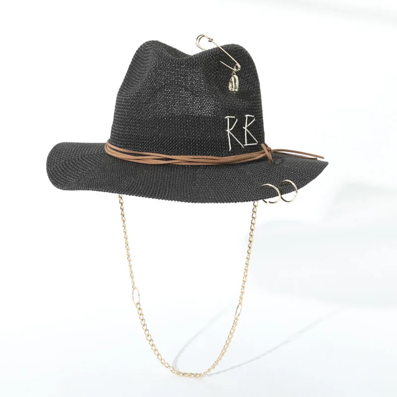 Women's Embroidered Straw Beach Hat with Metal Shell Decor