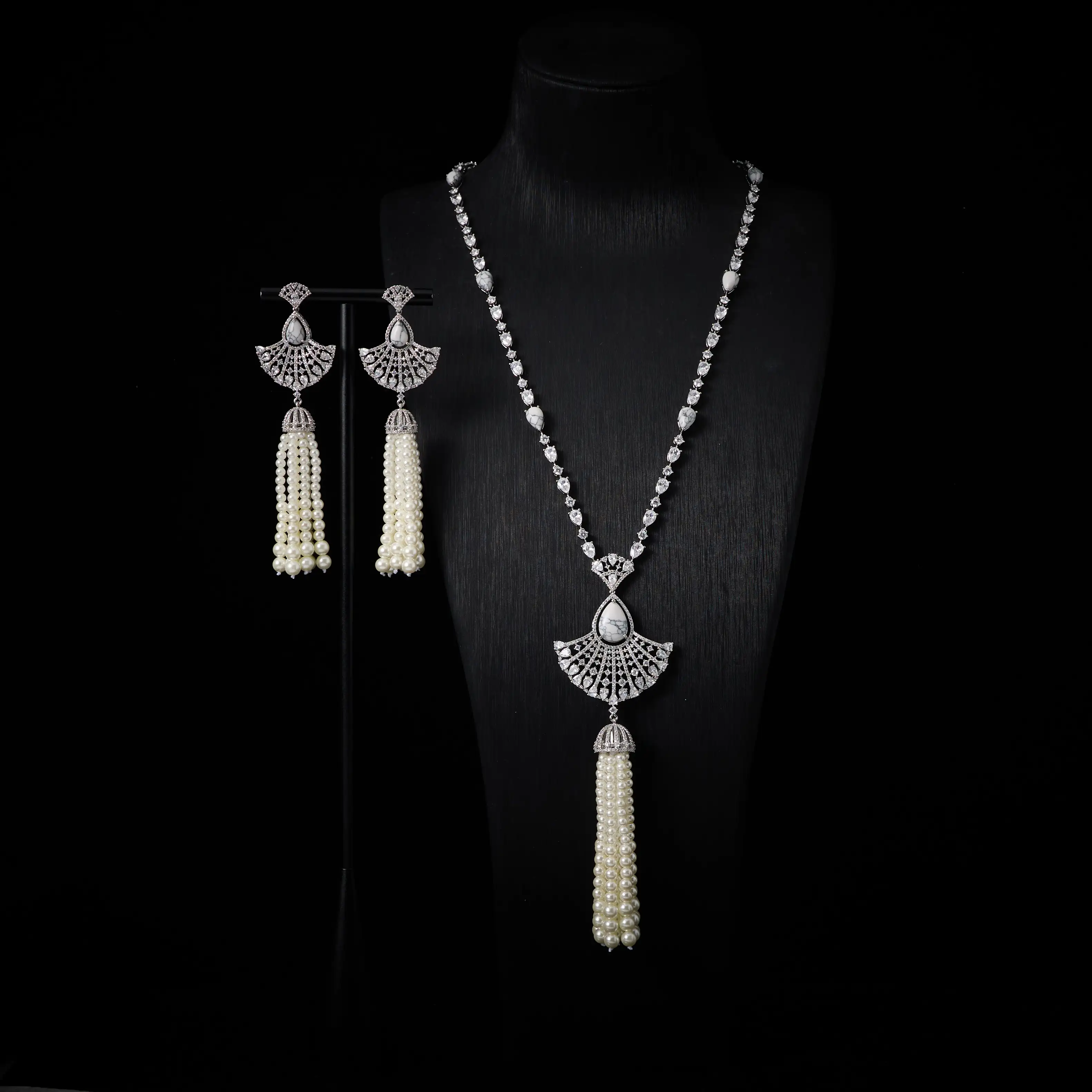 

IN JEWELIFEE legent Women's Sets for Women Cubic Zircon Party Pearl Tassel Necklace Earring Jewelry Set Wedding Bridal Jewellery