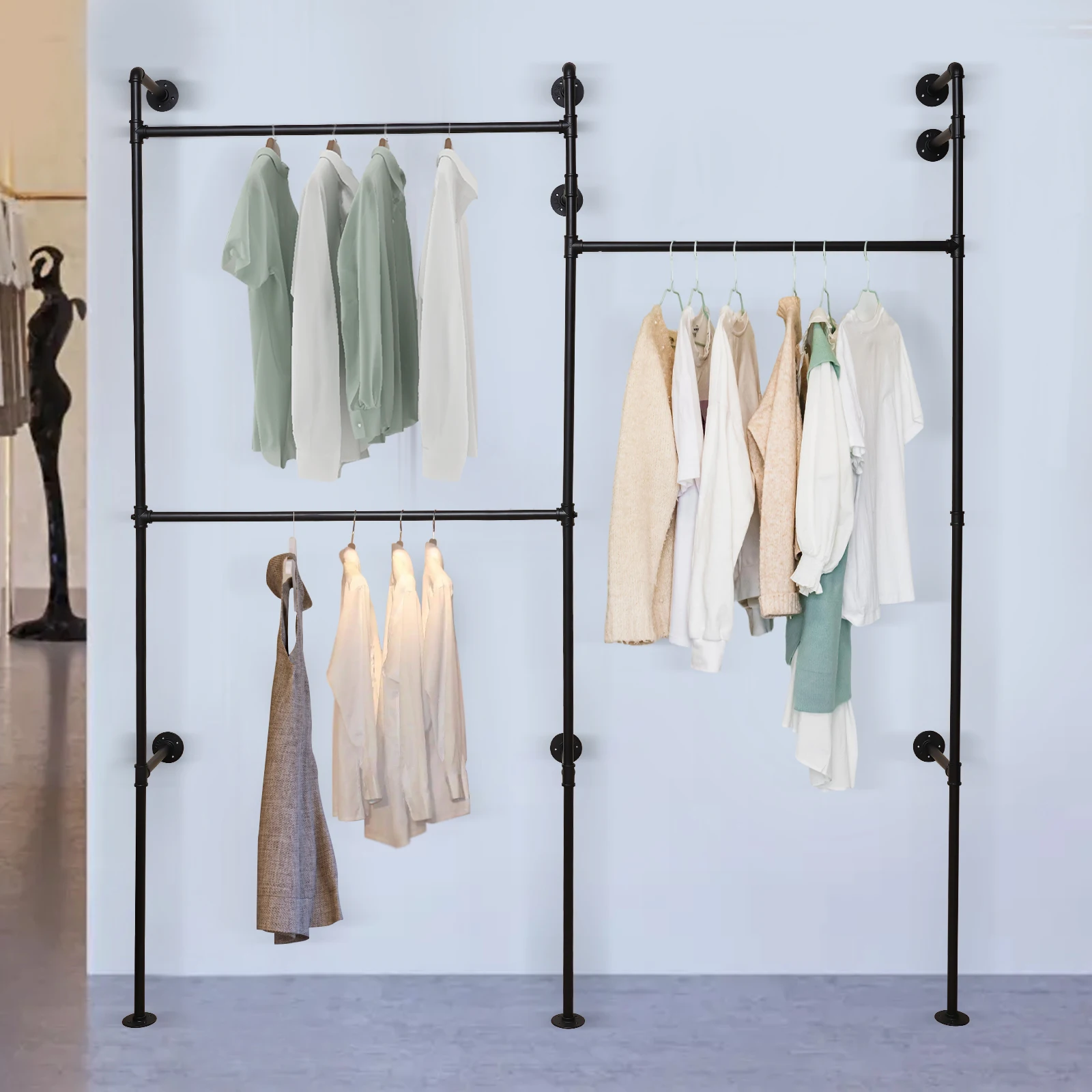 Industrial Pipe Clothes Rack Wall Mounted Garment Rack Closet Display Storage Garment Clothing Display Stand Rack