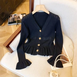 Autumn Vintage Elegant Knit Sweater Coat Women Button Slim Y2k Design Casual Cardigan Female V-neck Korea Style Chic Outfit 2025