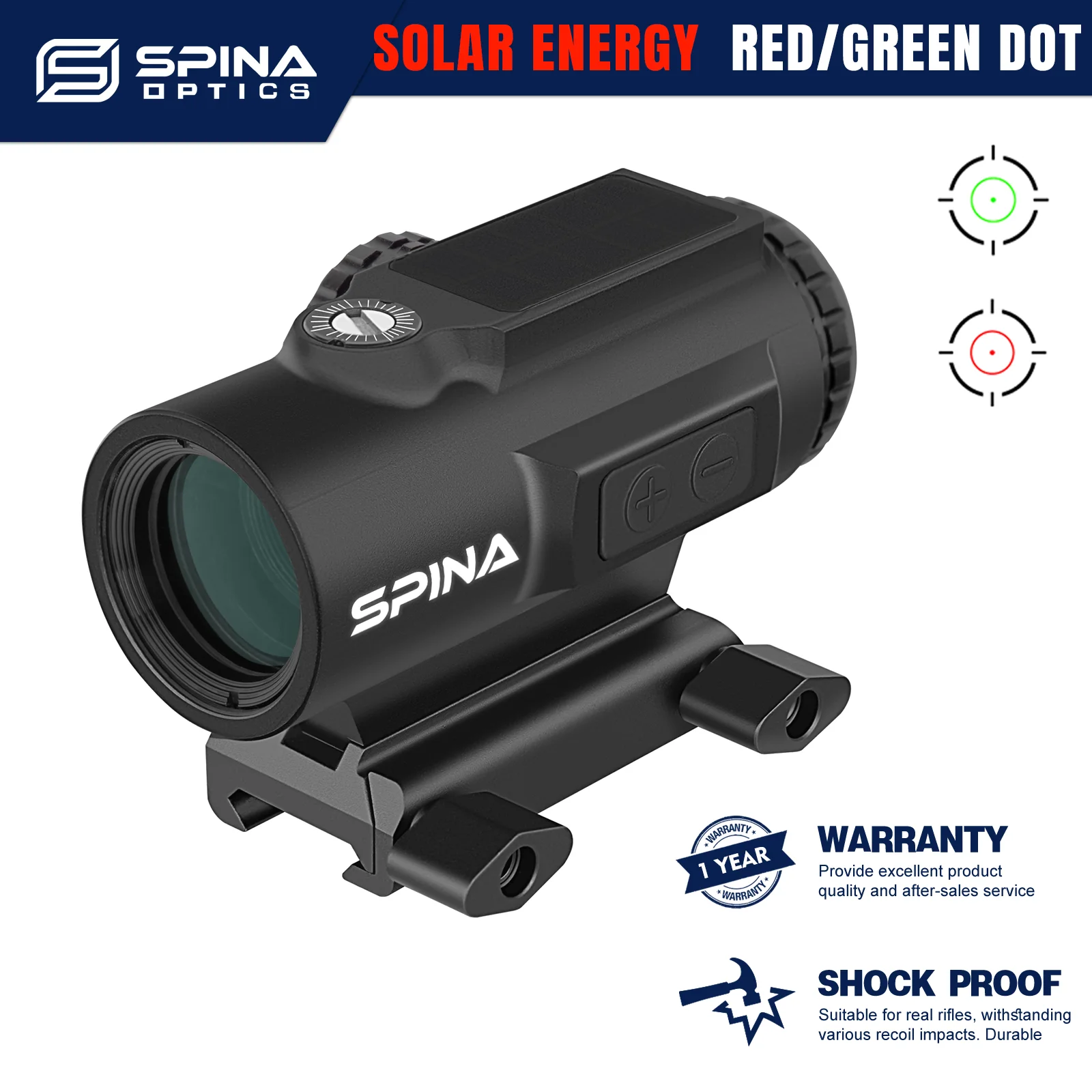 SPINA OPTICS Solar Energy Red Dot Green Dot Sight Tactical Hunting Glass Etched Reticle Rifle Scope 14gears Dual Point Switching