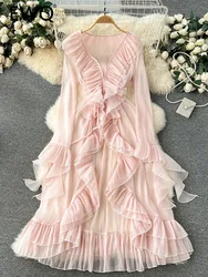 EWQ Ruffles Chiffon Flare Long Sleeve High Waist A-line Vestidos Sweet Style Chic Women's Dress Winter Spring 2024 New 27SN5399