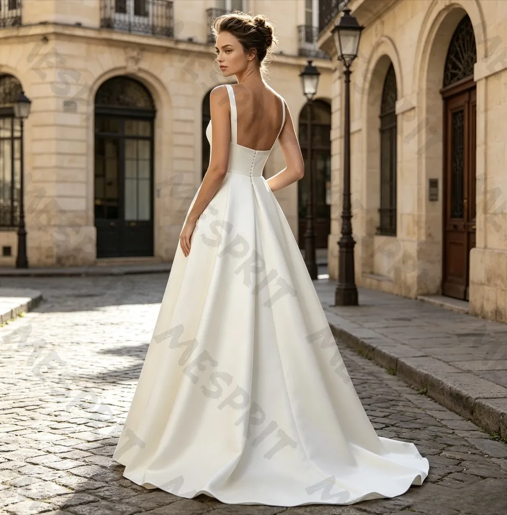 Customized Simple Square Neck Satin Evening Gowns with Wide Strap Large Bareback A-line Small Tail Formal Ball  Long Dresses