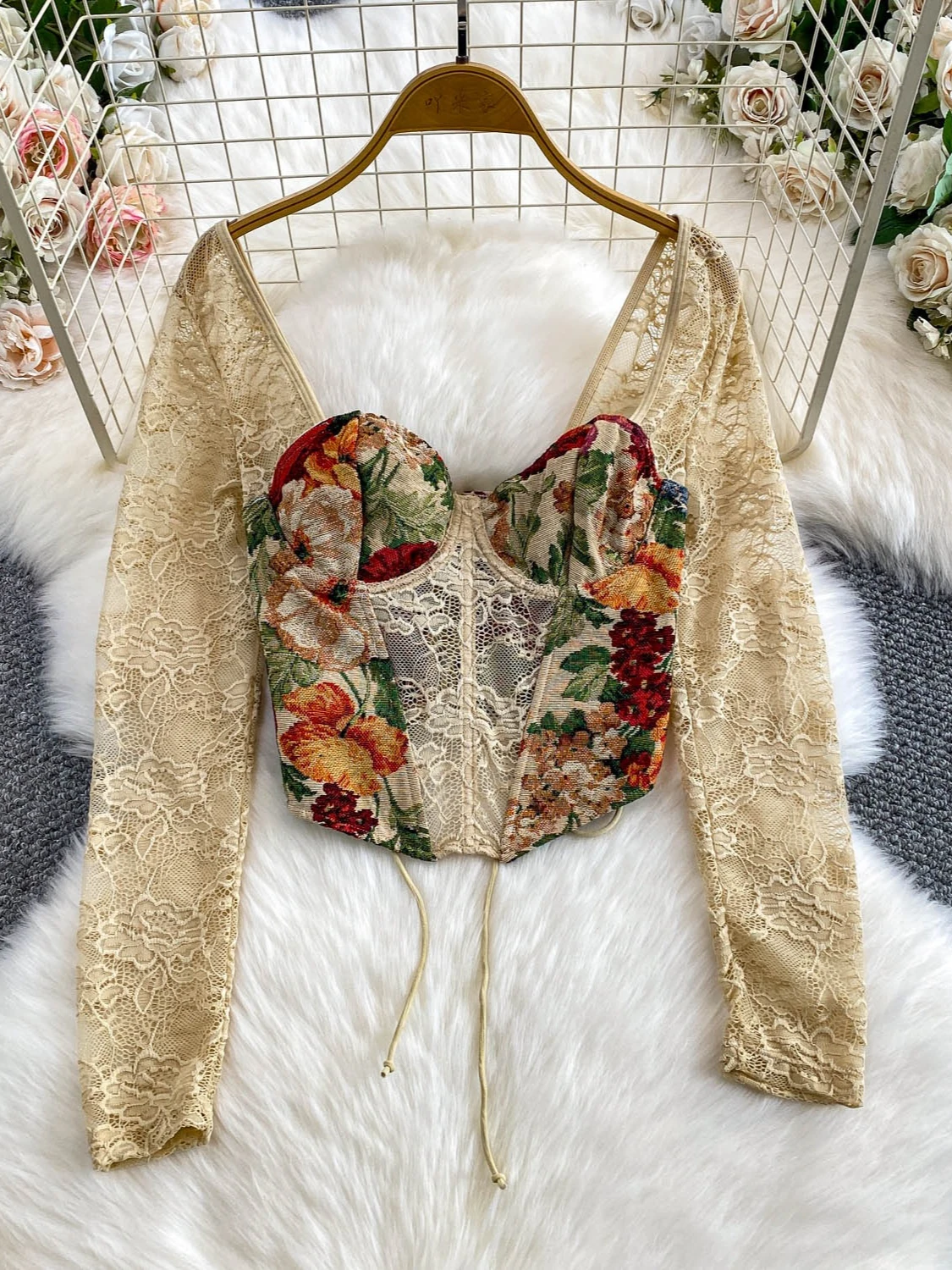 Foamlina Top bustier con stampa floreale vintage da donna sexy trasparente in rete a maniche lunghe a lisca di pesce skinny con lacci corto costume da festa