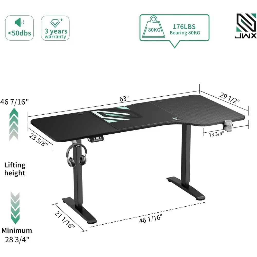 Escritorio ajustable de pie para juegos, escritorio eléctrico en forma de L de 63 pulgadas con ruedas de bloqueo, portavasos, gancho para auriculares