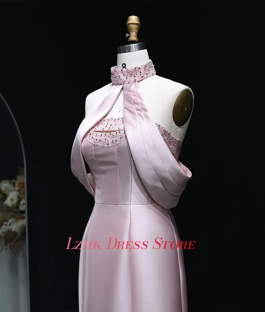 Vestido de noche de cristal con hombros descubiertos, sirena de satén elegante personalizado, manga corta de alta calidad, cuello Halter