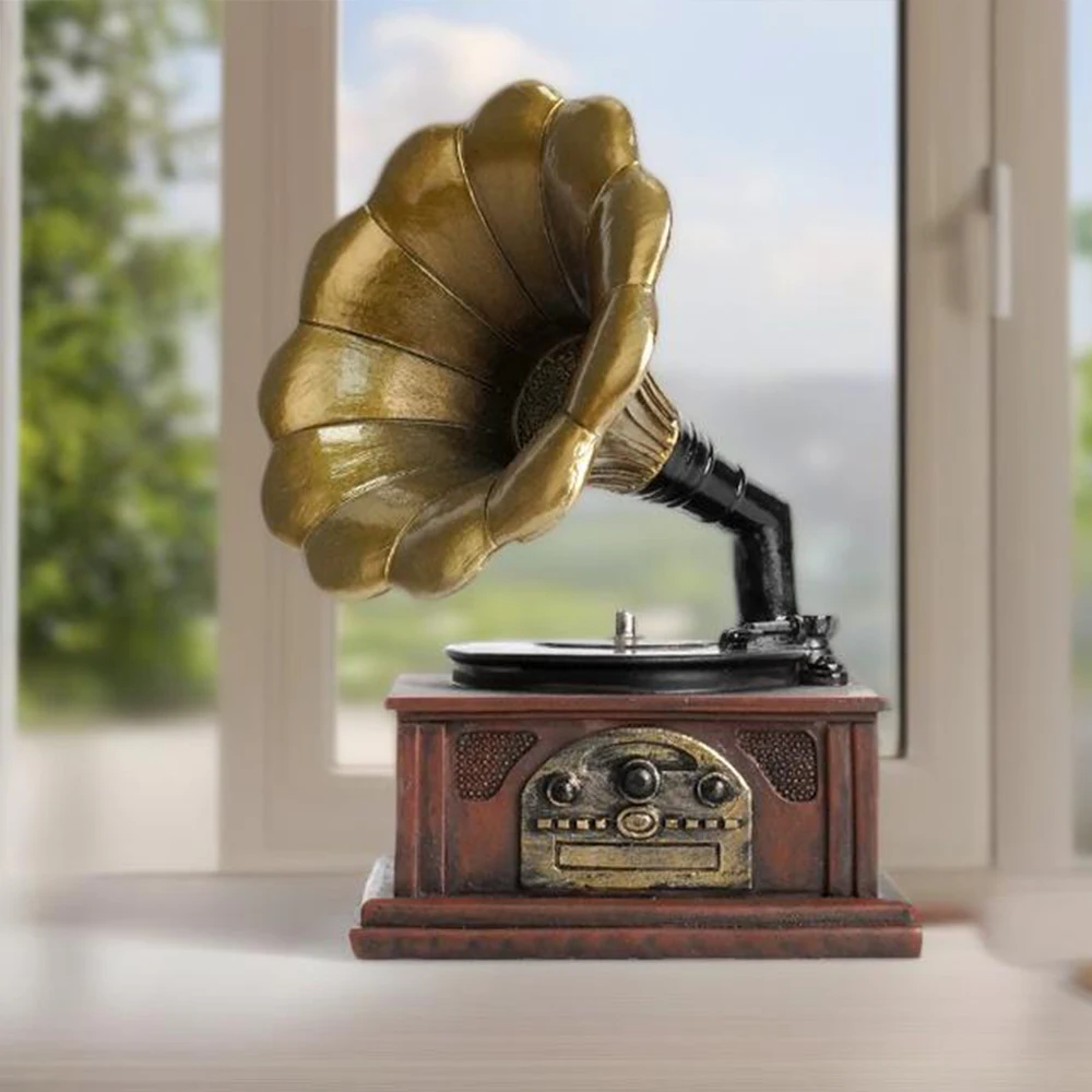 Retro Phonograph Decor European-Style Desktop Craft Resin Ornament Home Decoration Living Room Study Cabinet Bedroom Household