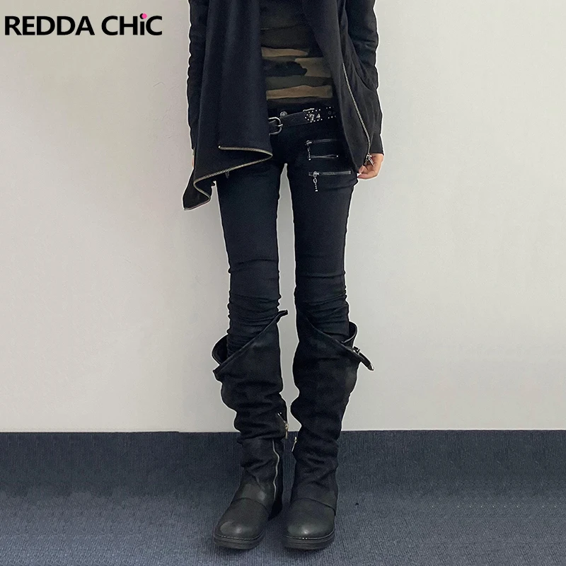 

Женские обтягивающие джинсы REDDACHiC в стиле дарк-панк, винтажные байкерские прямые джинсы с низкой талией, эластичные, с молниями, длинные брюки в стиле гранж, уличная мода