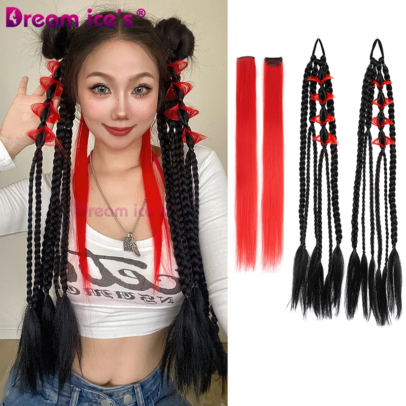 Long Braided Synthetic Ponytail Extension With Tie Curl Hair Wrap Around Ponytail High Temperature Pigtail HairPiece For Women