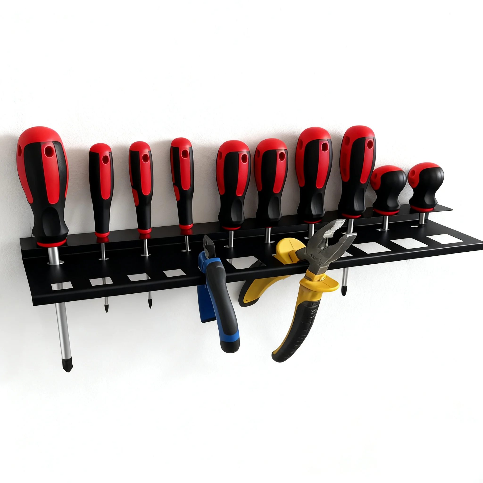 Black Metal Garage Tool Organizer Rack, Heavy-Duty Wall-Mounted Shelf with Dedicated Holder for Screwdrivers, Pliers, and More
