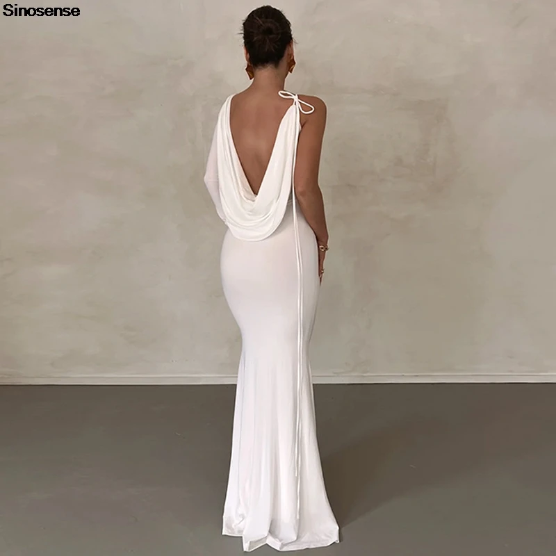 Womens Elegant Wedding Guest Cocktail Party Maxi Dress Sexy One Shoulder Long Sleeve Slim Bodycon Club Dinner Evening Dress