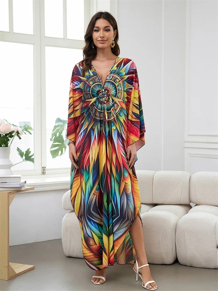 Elegancka damska damska Plus Size Kaftan 2024 letnia sukienka z dekoltem w stylu Boho z dekoltem w szpic seksowna okrycie plażowe sukienka Q1588