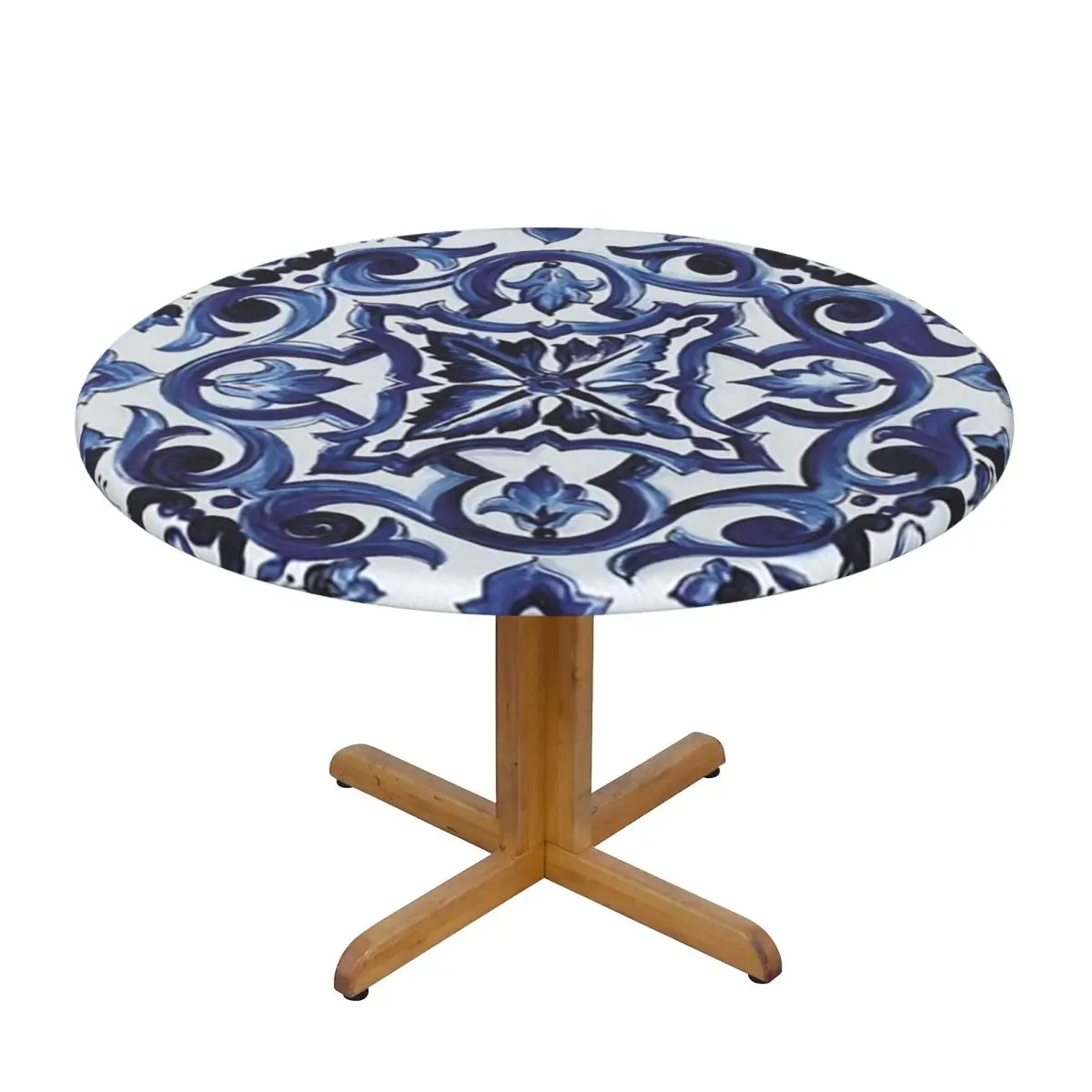 Blue Ornate Floral Mediterranean Sicilian Tile Waterproof Round Tablecloth Table Cloth for Kitchen Events Dining Table Cover