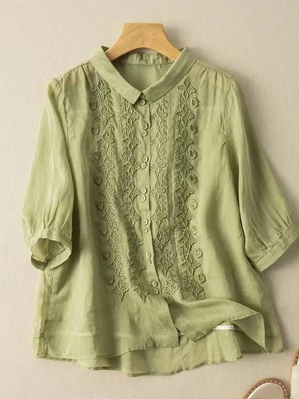 

Plus Size Retro Heavy Embroidery Cotton Linen Women's irt Summer New Loose Anti-aging Casual Slimming Linen Top for Younger L...