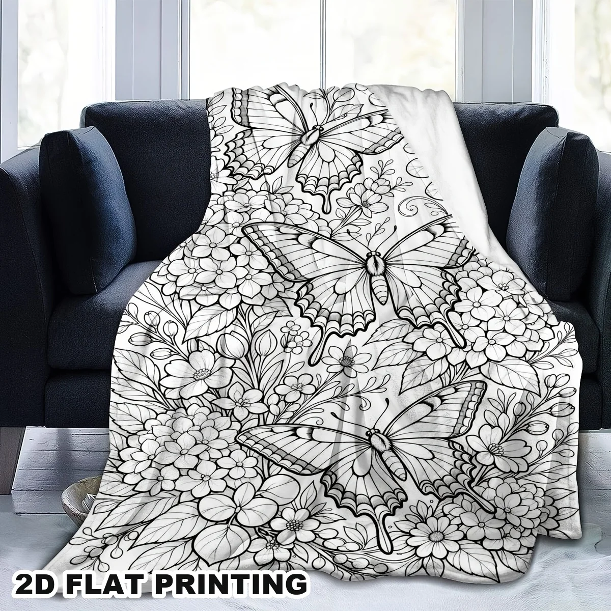 Sketch Butterfly Blossom Flower Botanical Elegant Art Couch Bed Throw Blanket Soft Flannel Sofa Lap Cover Cozy Rest Home Decor