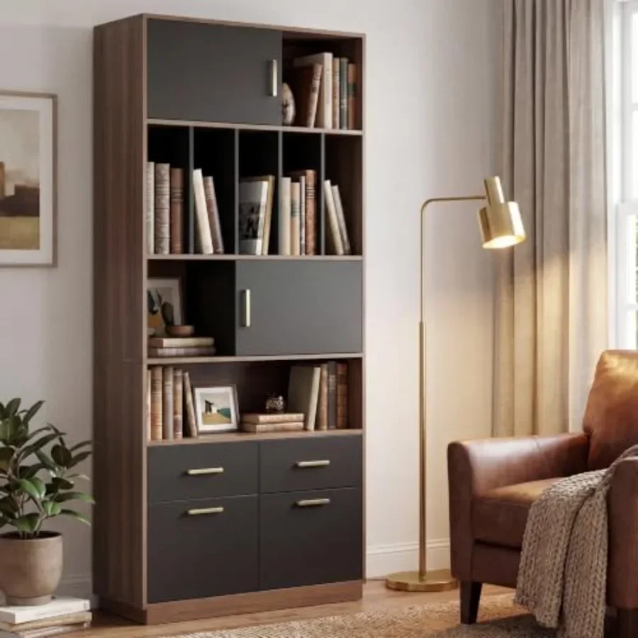 73.3 Tall Bookcase with 4 Drawers and Doors for Office Use, Engineered Wood in White, Smooth Gliding Drawers and Soft-Close Doo